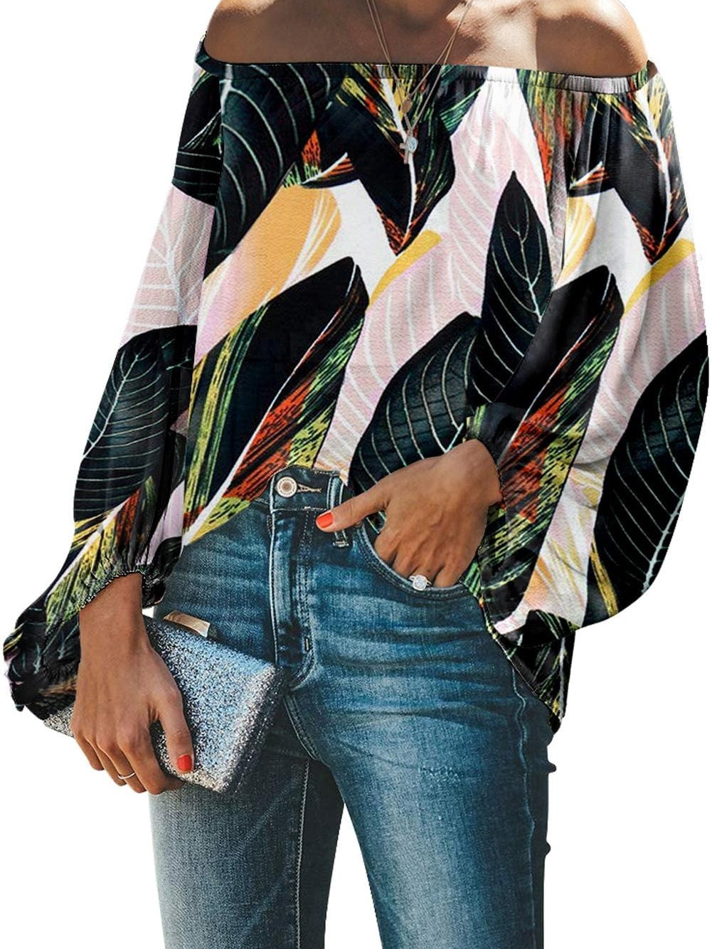 Green Leaves Off Shoulder Top with Elegant Elastic Neckline