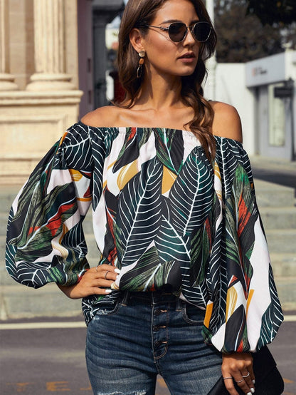 Green Leaves Off Shoulder Top with Elegant Elastic Neckline