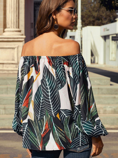 Green Leaves Off Shoulder Top with Elegant Elastic Neckline