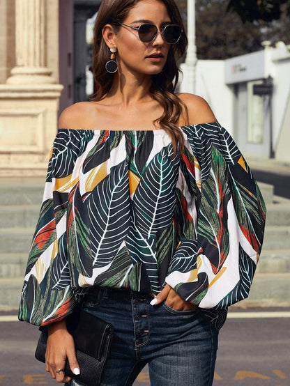 Green Leaves Off Shoulder Top with Elegant Elastic Neckline