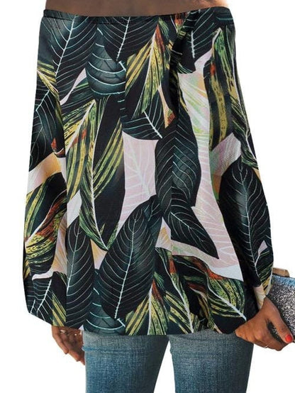 Green Leaves Off Shoulder Top with Elegant Elastic Neckline
