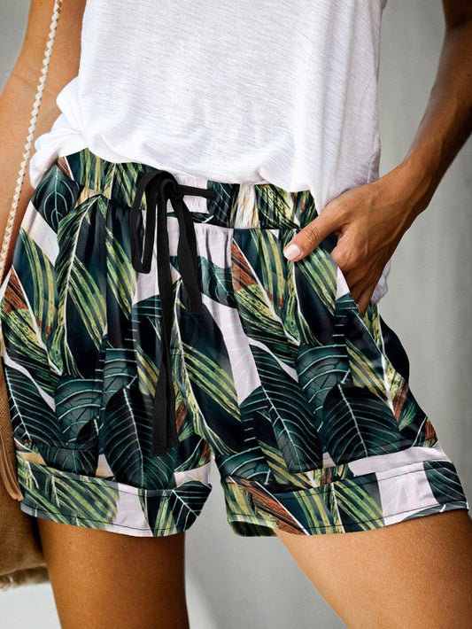 Green Leaves Print Drawstring Casual Elastic Waist Pocketed Shorts