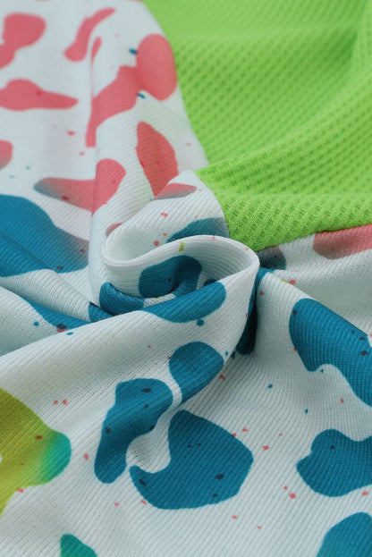 Green Leopard Color Block Waffle Knit Patchwork Tee