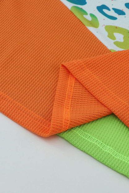 Green Leopard Color Block Waffle Knit Patchwork Tee