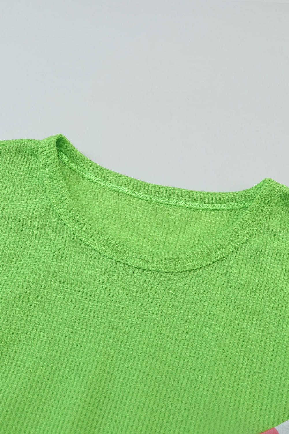 Green Leopard Color Block Waffle Knit Patchwork Tee