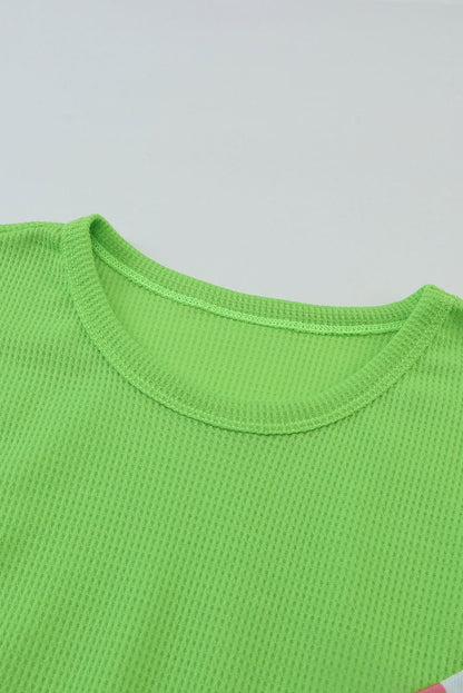 Green Leopard Color Block Waffle Knit Patchwork Tee