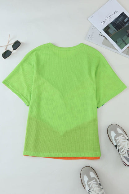 Green Leopard Color Block Waffle Knit Patchwork Tee