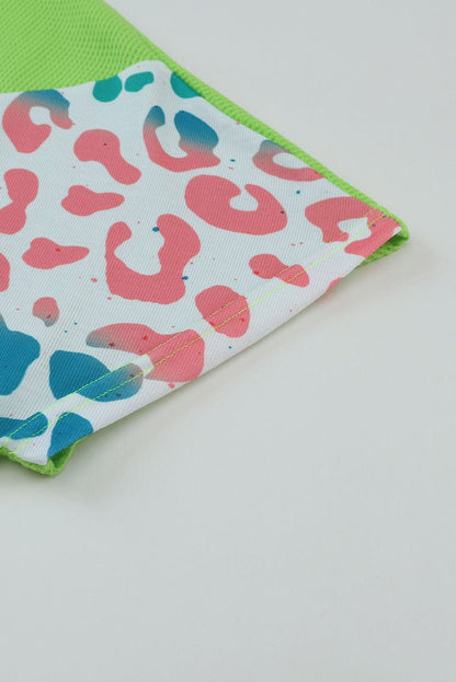 Green Leopard Color Block Waffle Knit Patchwork Tee