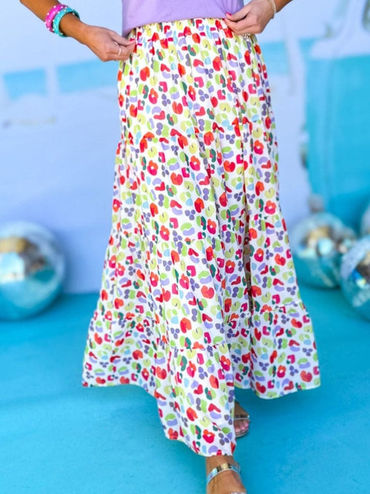 Green Leopard Print Flowy Tiered Maxi Skirt