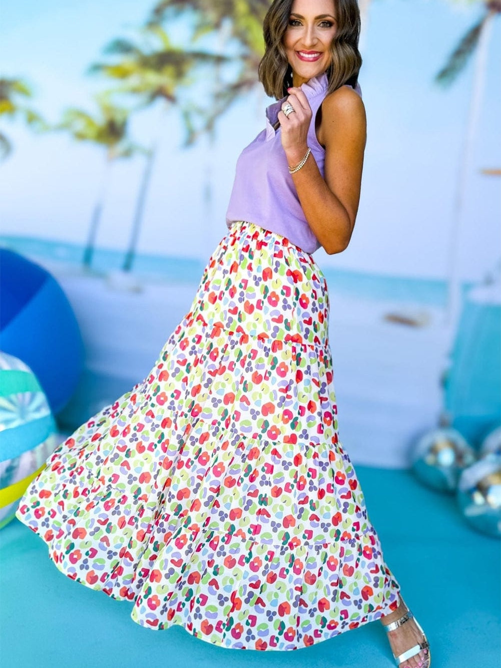 Green Leopard Print Flowy Tiered Maxi Skirt