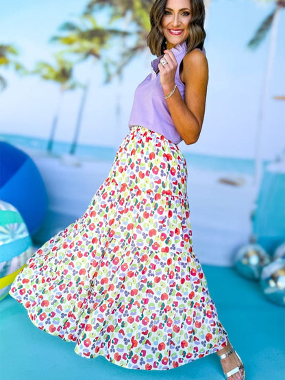 Green Leopard Print Flowy Tiered Maxi Skirt