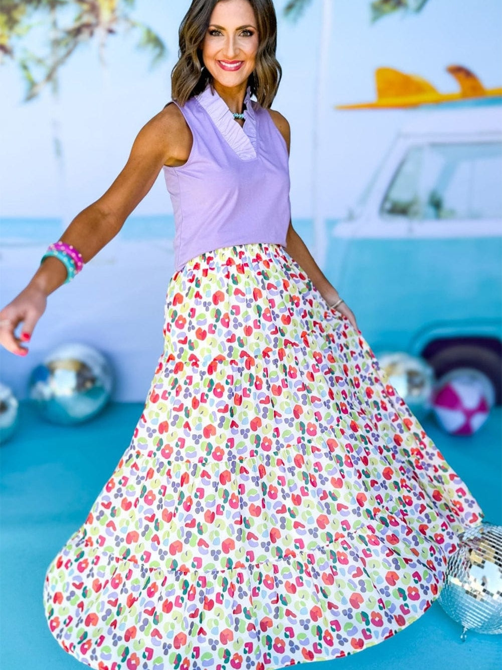 Green Leopard Print Flowy Tiered Maxi Skirt