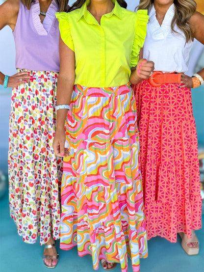 Green Leopard Print Flowy Tiered Maxi Skirt