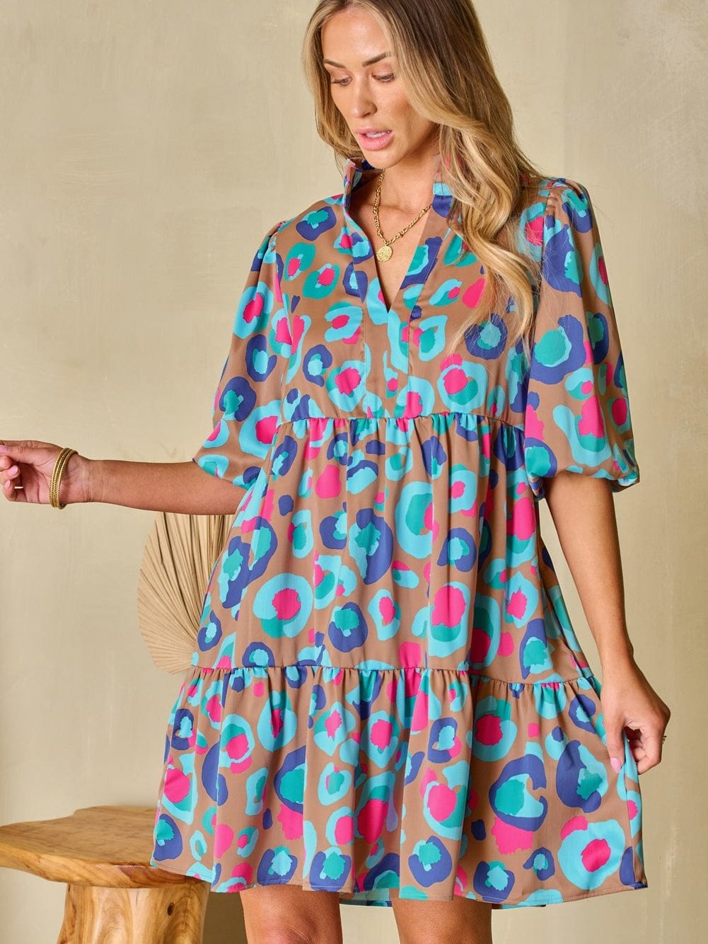 Green Leopard Print Ruffled Mini Dress with Bubble Sleeves