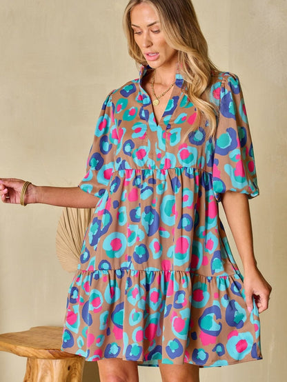 Green Leopard Print Ruffled Mini Dress with Bubble Sleeves