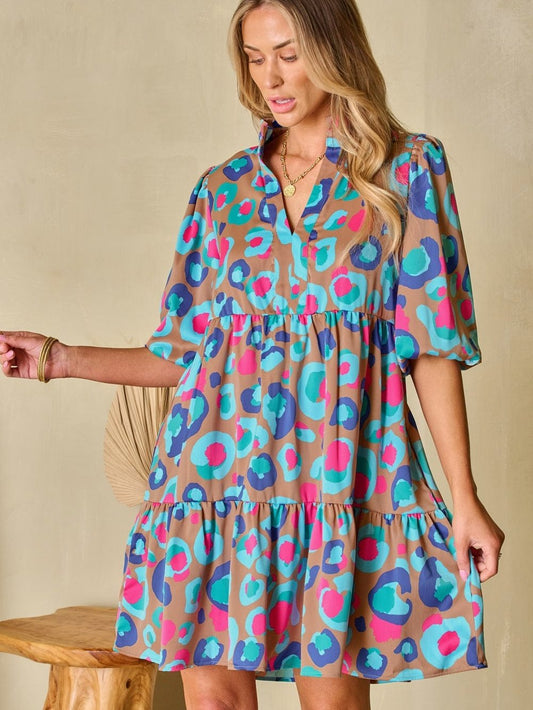 Green Leopard Print Ruffled Mini Dress with Bubble Sleeves