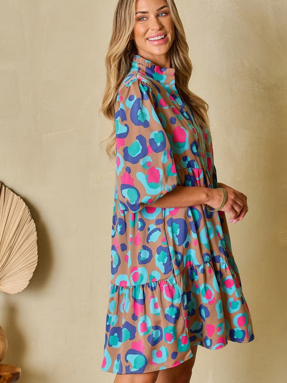 Green Leopard Print Ruffled Mini Dress with Bubble Sleeves