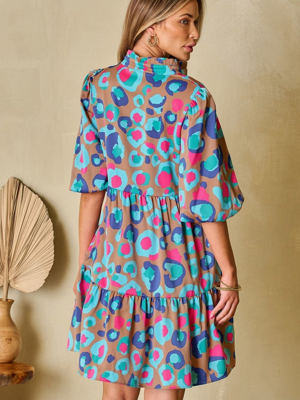 Green Leopard Print Ruffled Mini Dress with Bubble Sleeves