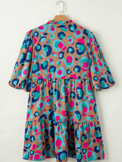Green Leopard Print Ruffled Mini Dress with Bubble Sleeves