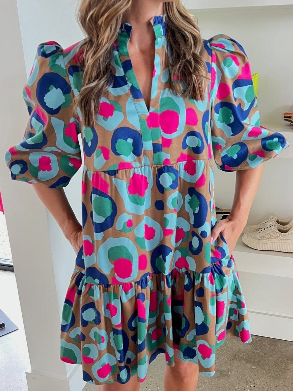 Green Leopard Print Ruffled Mini Dress with Bubble Sleeves