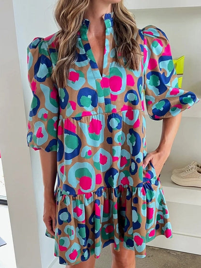 Green Leopard Print Ruffled Mini Dress with Bubble Sleeves