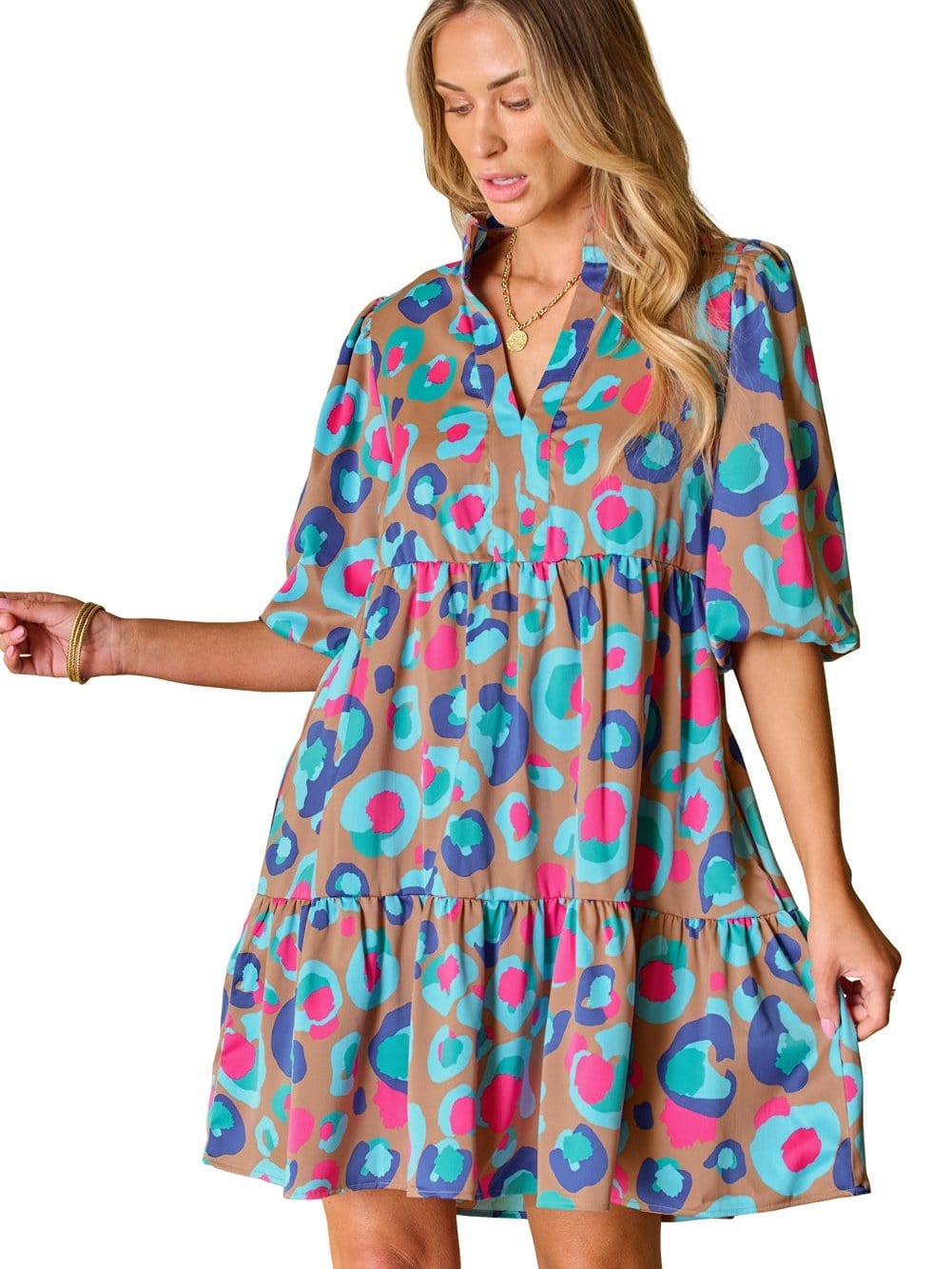 Green Leopard Print Ruffled Mini Dress with Bubble Sleeves