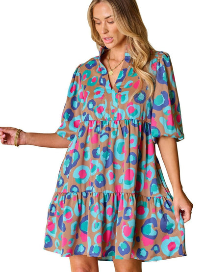 Green Leopard Print Ruffled Mini Dress with Bubble Sleeves