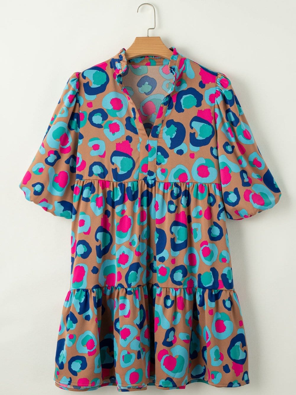 Green Leopard Print Ruffled Mini Dress with Bubble Sleeves