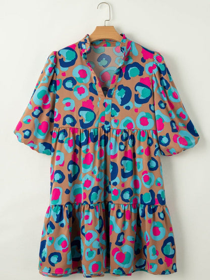 Green Leopard Print Ruffled Mini Dress with Bubble Sleeves