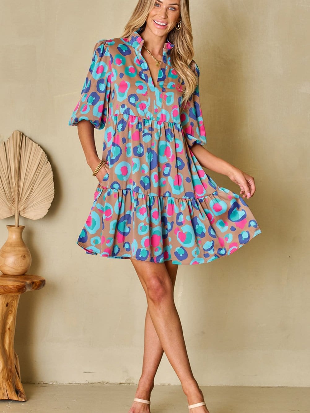 Green Leopard Print Ruffled Mini Dress with Bubble Sleeves