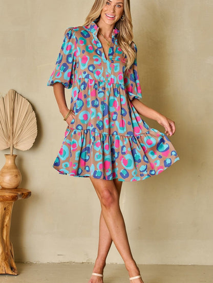 Green Leopard Print Ruffled Mini Dress with Bubble Sleeves