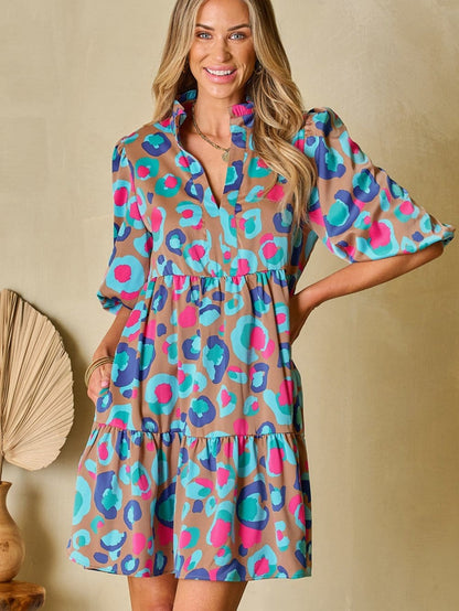 Green Leopard Print Ruffled Mini Dress with Bubble Sleeves