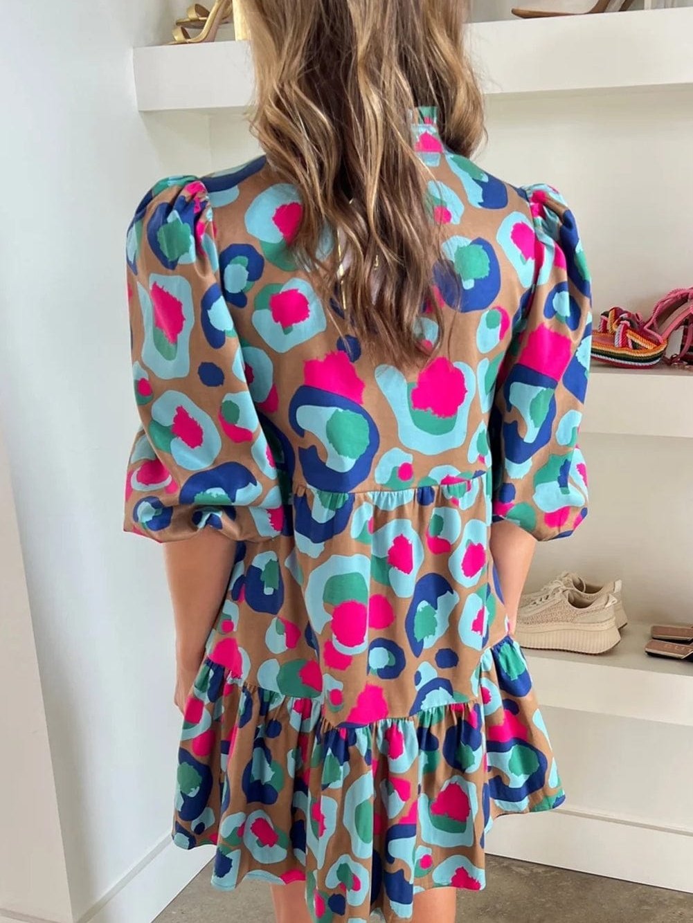 Green Leopard Print Ruffled Mini Dress with Bubble Sleeves