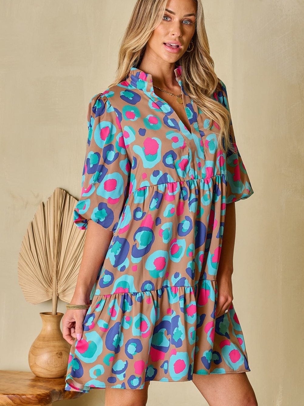 Green Leopard Print Ruffled Mini Dress with Bubble Sleeves