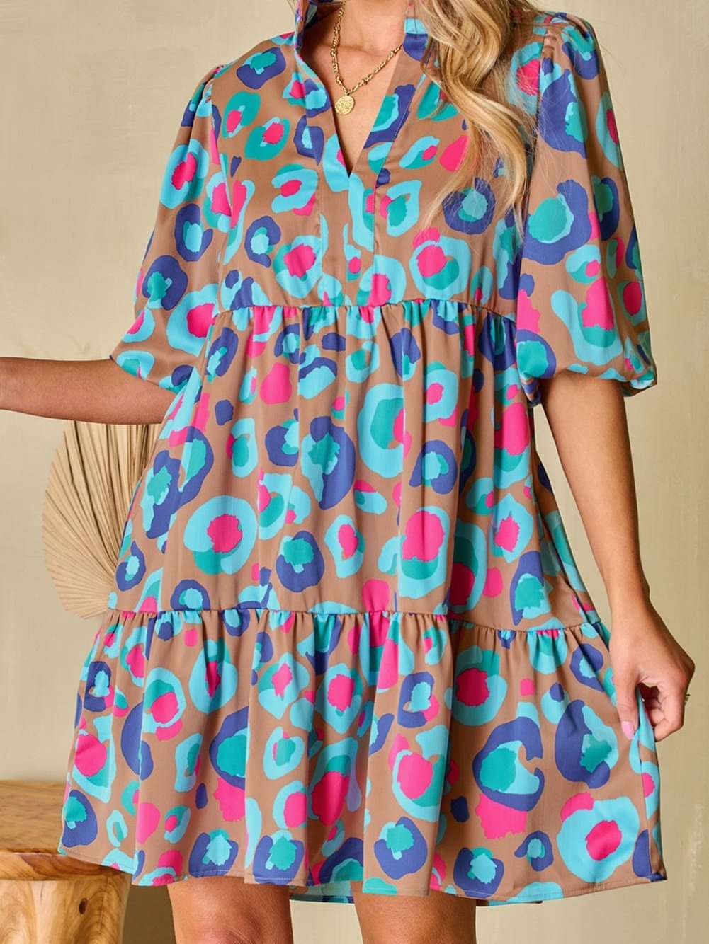 Green Leopard Print Ruffled Mini Dress with Bubble Sleeves