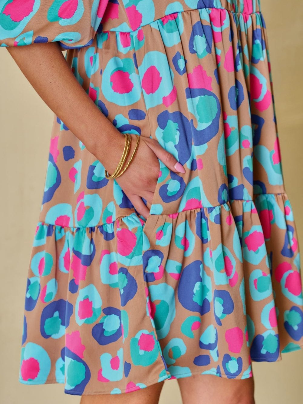 Green Leopard Print Ruffled Mini Dress with Bubble Sleeves