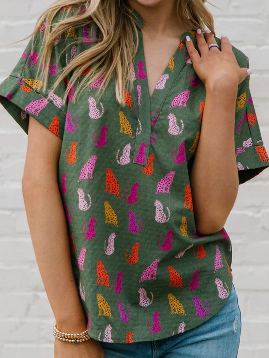 Green Leopard Print V-Neck Blouse with a Wild Twist