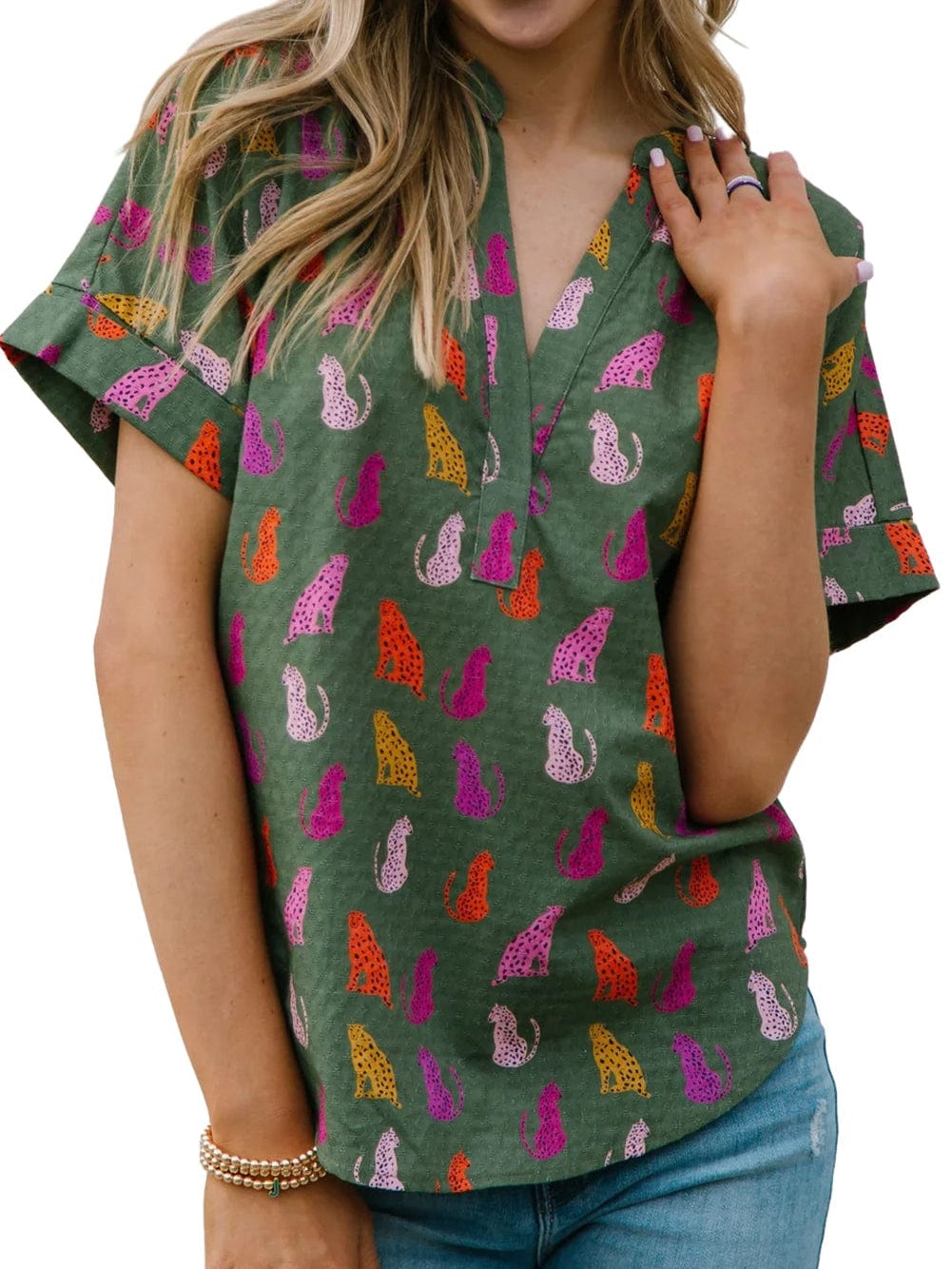 Green Leopard Print V-Neck Blouse with a Wild Twist