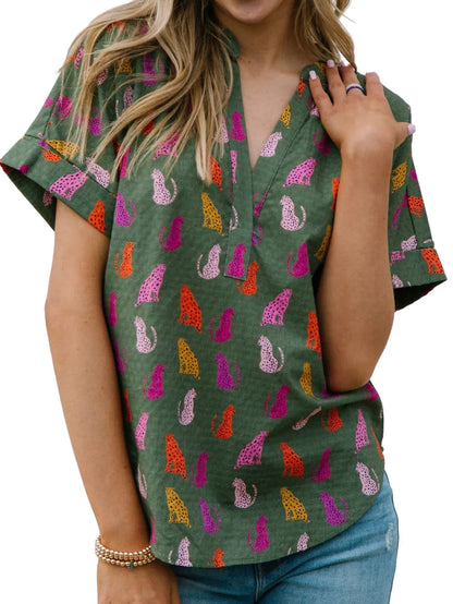Green Leopard Print V-Neck Blouse with a Wild Twist