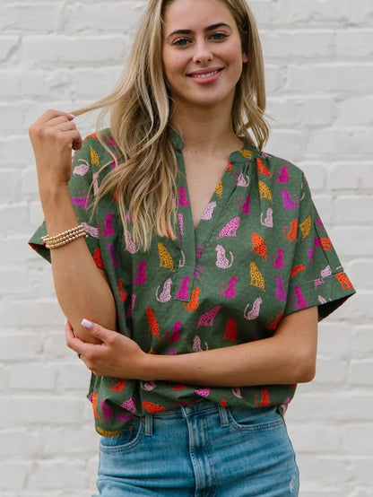 Green Leopard Print V-Neck Blouse with a Wild Twist