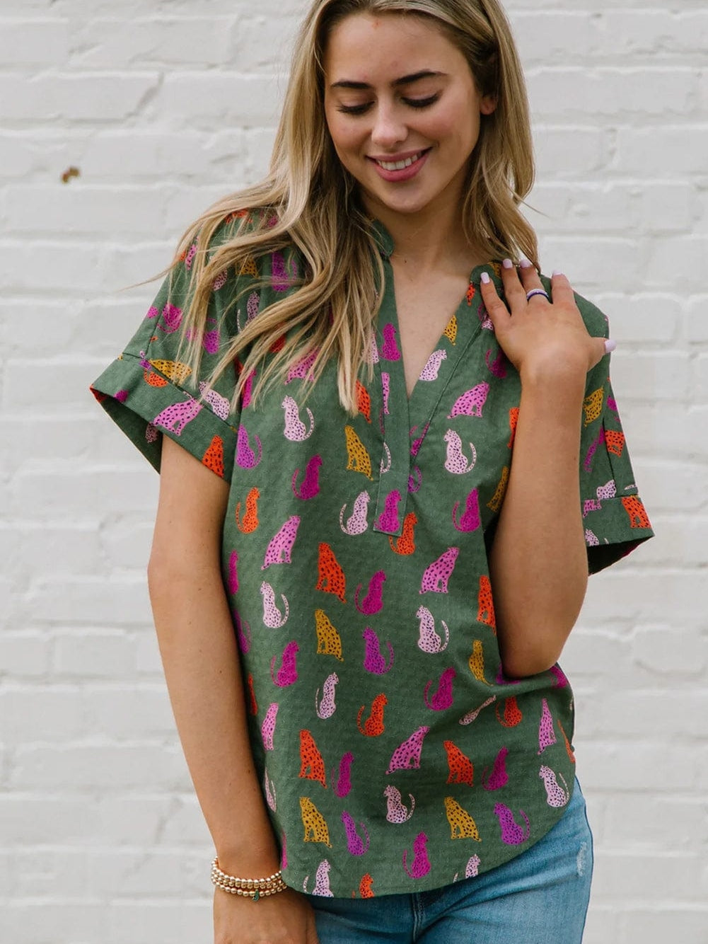 Green Leopard Print V-Neck Blouse with a Wild Twist