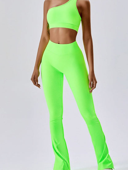 Green One Shoulder Crop Top and Split Bottom Leggings Activewear Set