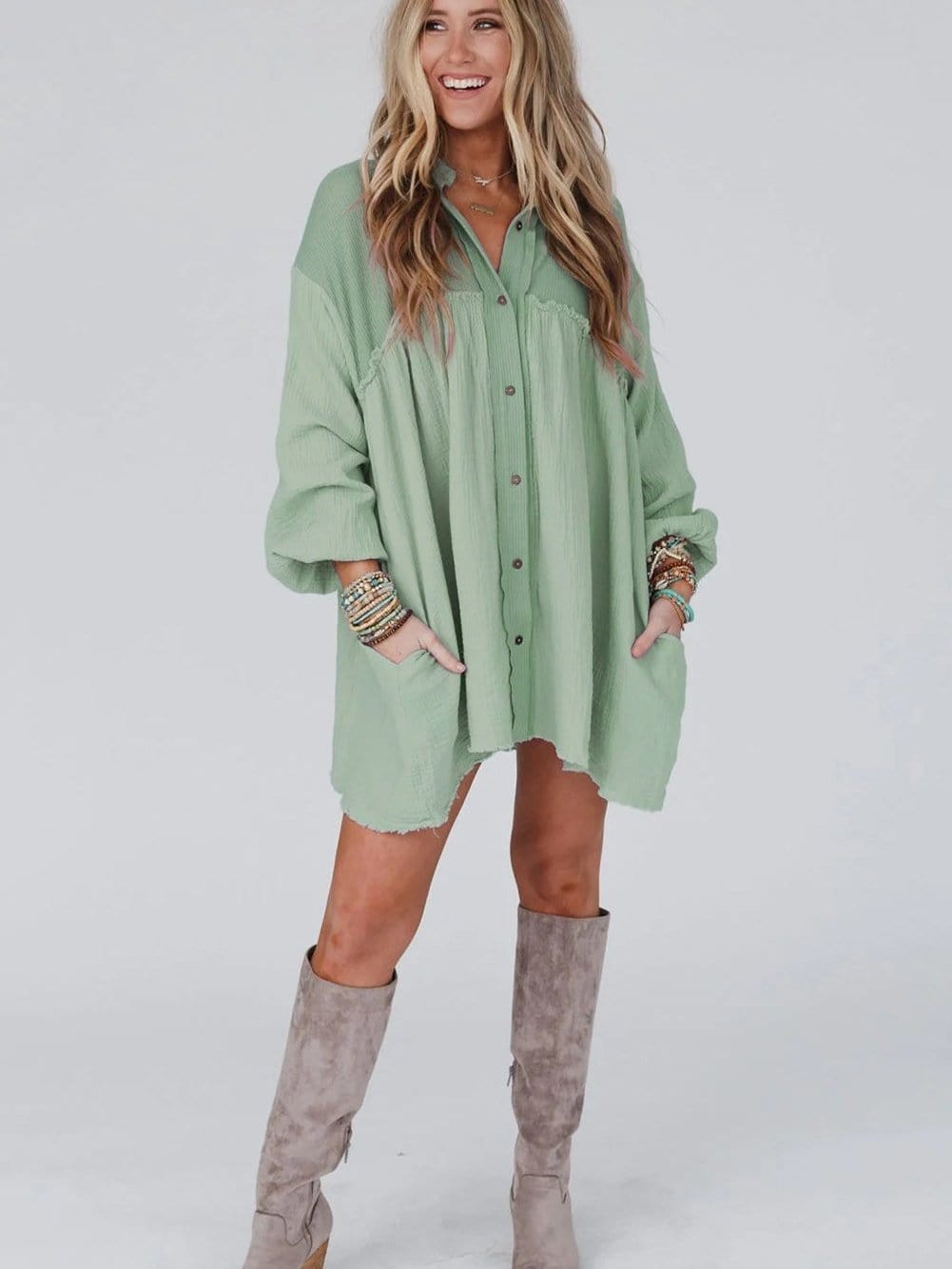 Green Patchwork Crinkle Puff Sleeve Shirt Dress with Eye-catching Design