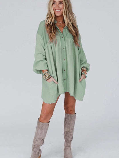 Green Patchwork Crinkle Puff Sleeve Shirt Dress with Eye-catching Design