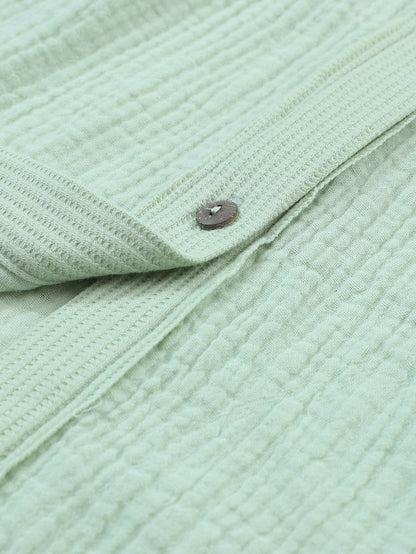 Green Patchwork Crinkle Puff Sleeve Shirt Dress with Eye-catching Design