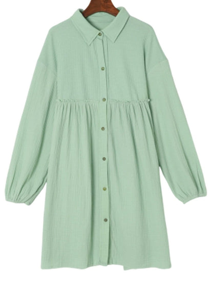Green Patchwork Crinkle Puff Sleeve Shirt Dress with Eye-catching Design