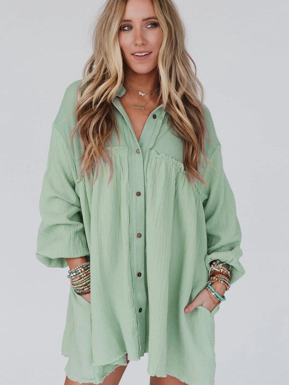 Green Patchwork Crinkle Puff Sleeve Shirt Dress with Eye-catching Design