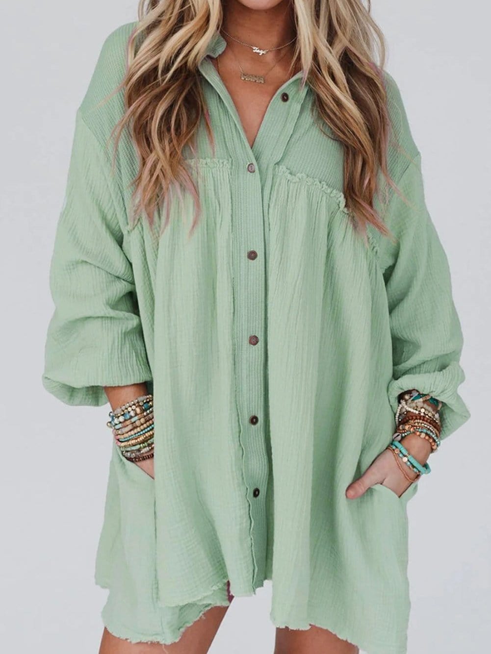 Green Patchwork Crinkle Puff Sleeve Shirt Dress with Eye-catching Design