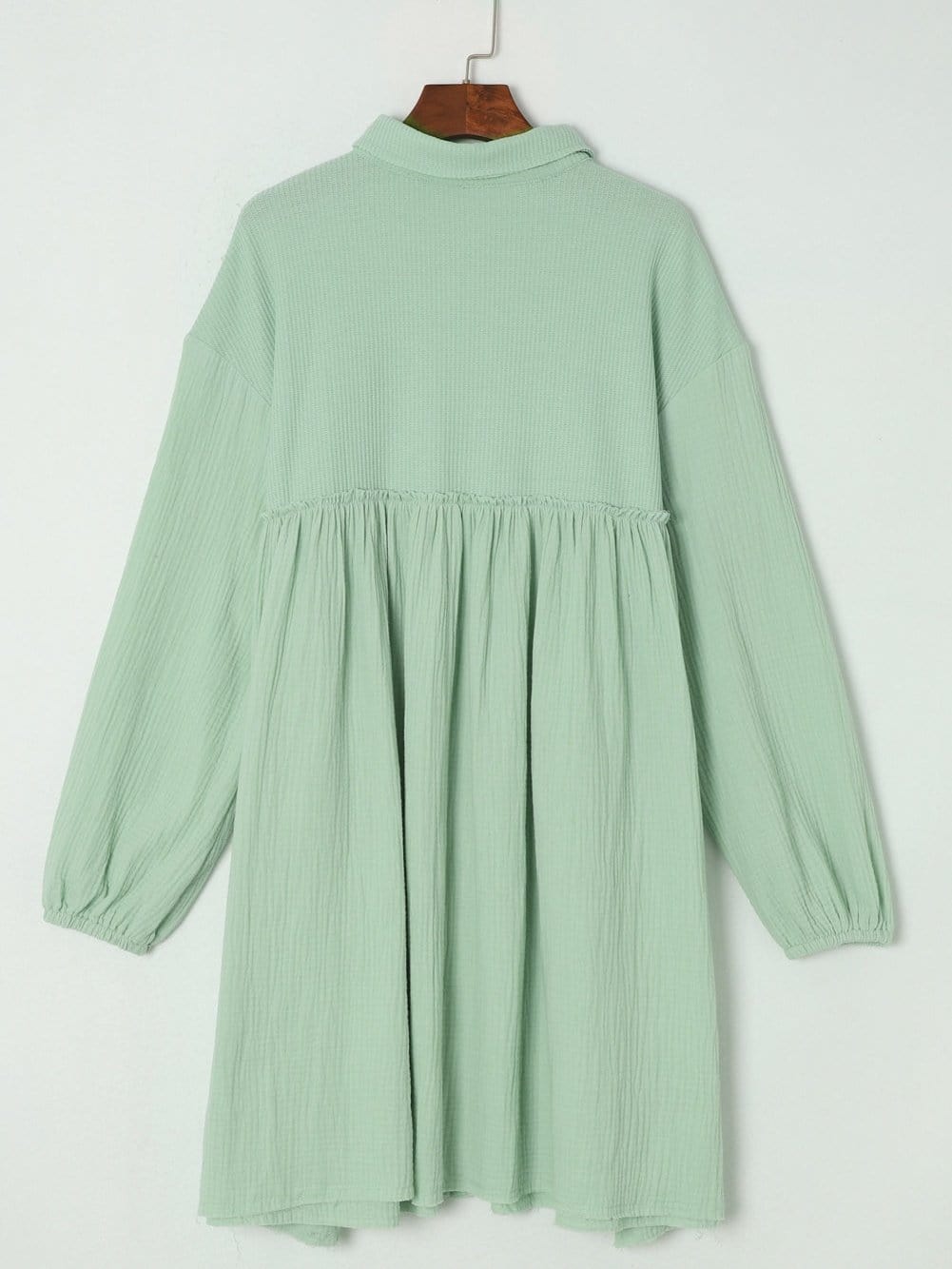 Green Patchwork Crinkle Puff Sleeve Shirt Dress with Eye-catching Design