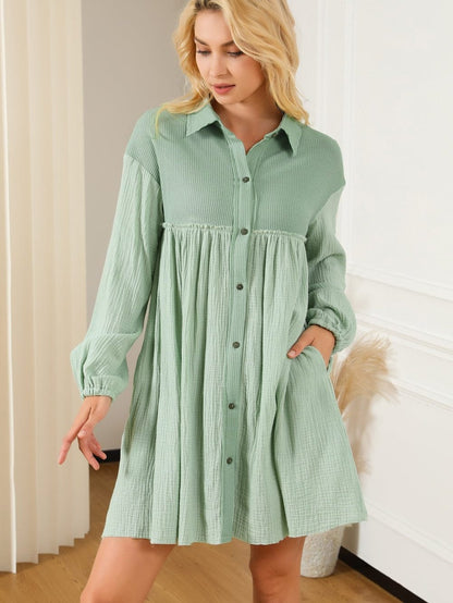 Green Patchwork Crinkle Puff Sleeve Shirt Dress with Eye-catching Design